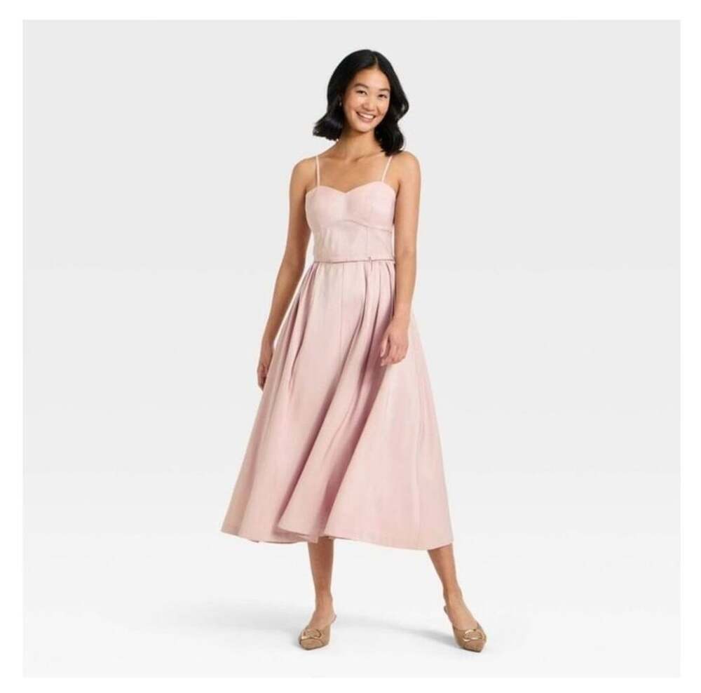 A New Day Women's Bow Belt Midi Dress Pink Adjustable Strap Sz Medium